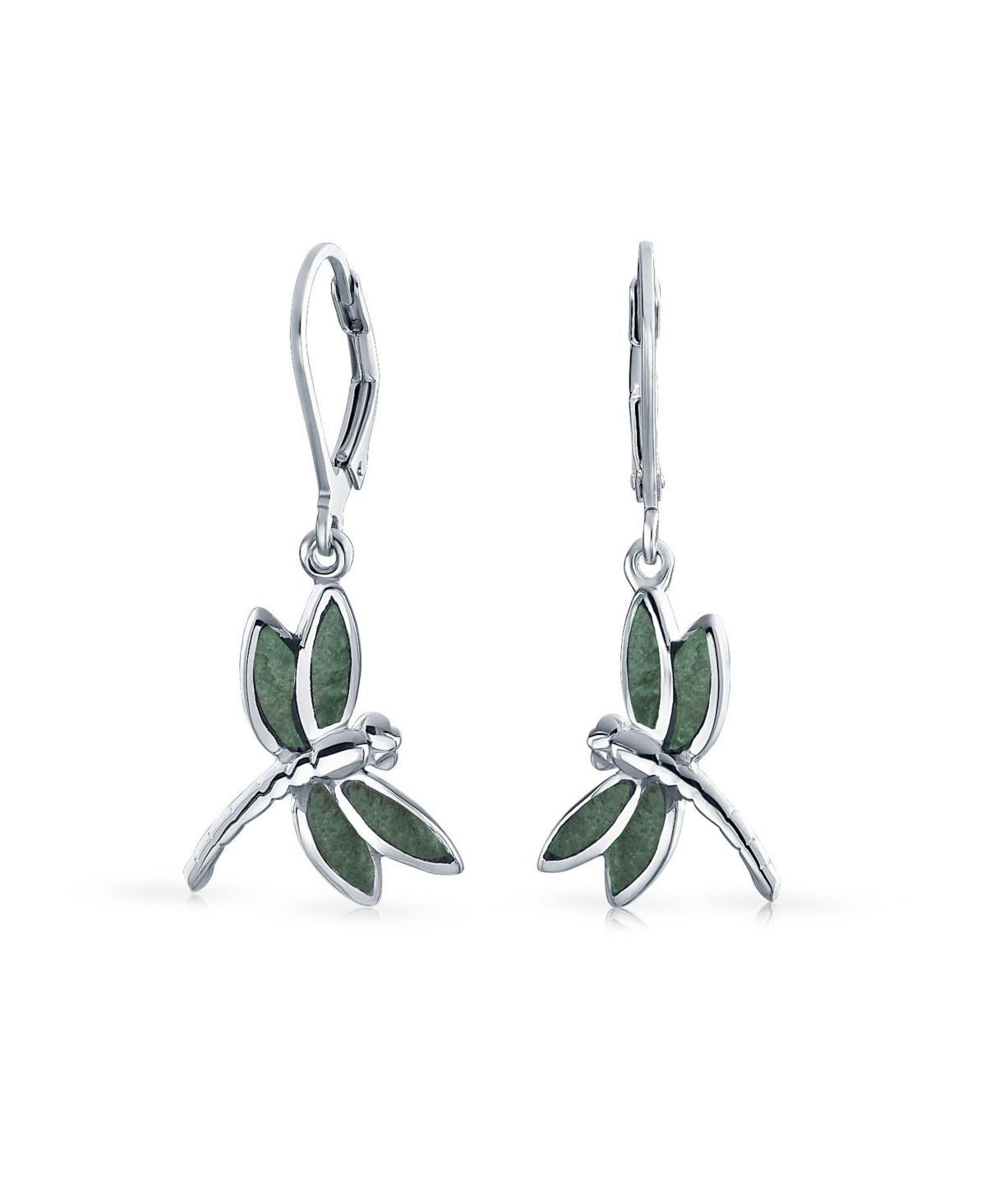 Bling Jewelry Dainty Butterfly Dragonfly Firefly Garden Green Agate Inlaid Drop Lever back Dangle Earrings For Women .925 Sterling Silver Product Image