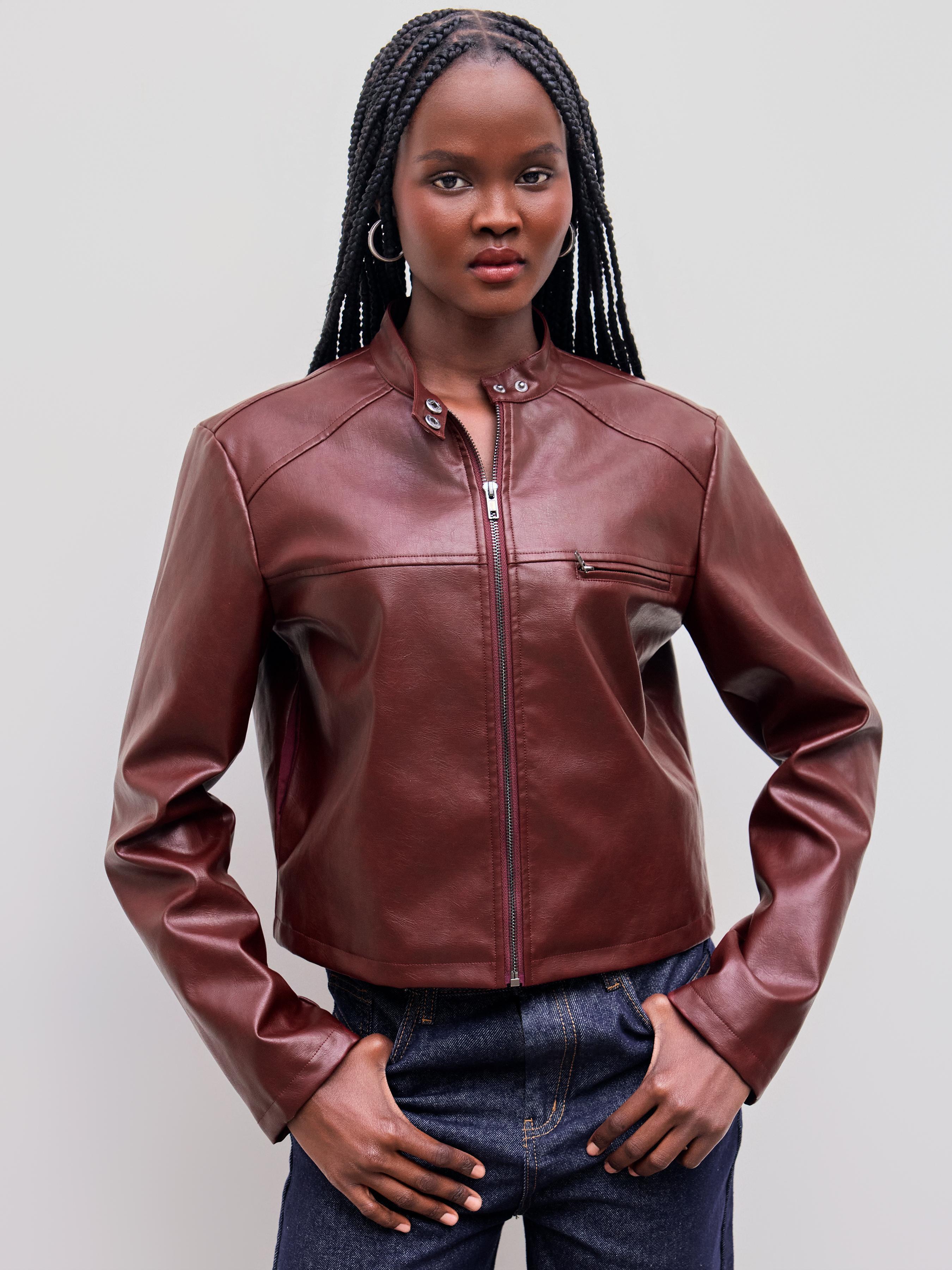 Faux Leather Stand Collar Solid Zipper Pocket Biker Jacket Product Image