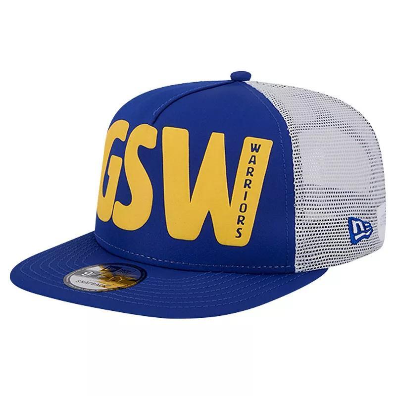 Mens New Era Royal Golden State Warriors Puff Print Team Code A-Frame 9FIFTY Trucker Snapback Hat Product Image