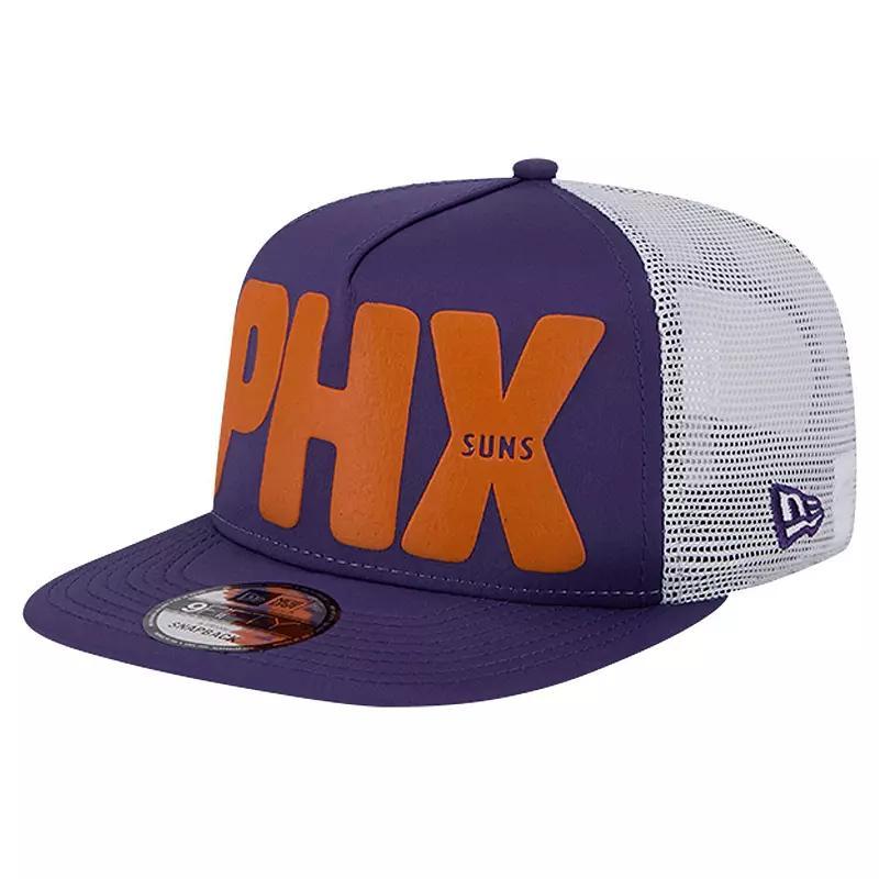 Mens New Era Purple Phoenix Suns Puff Print Team Code A-Frame 9FIFTY Trucker Snapback Hat Product Image