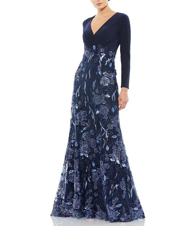 Mac Duggal V-Neck Long Sleeve Embellished Floral Applique Gown Product Image