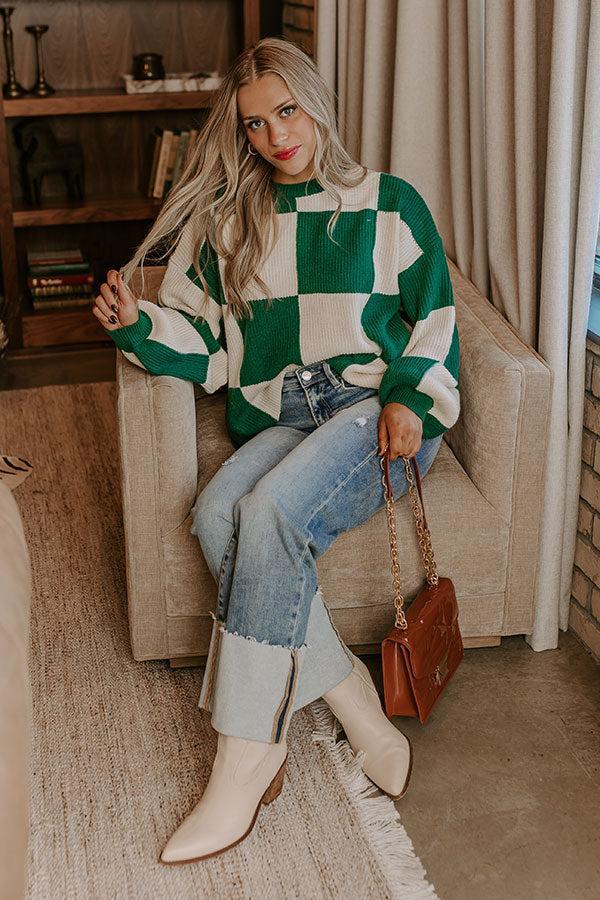 Hear The Beat Checkered Sweater In Hunter Green Product Image