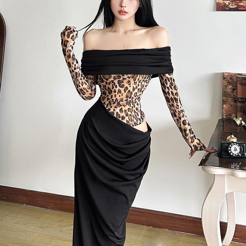 Long Sleeve Off-Shoulder Leopard Print Cut-Out Slim-Fit Maxi Bodycon Dress Product Image