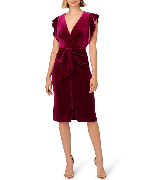 Adrianna Papell V-Neck Ruffle Trim Stretch Velvet Faux Wrap Dress Product Image