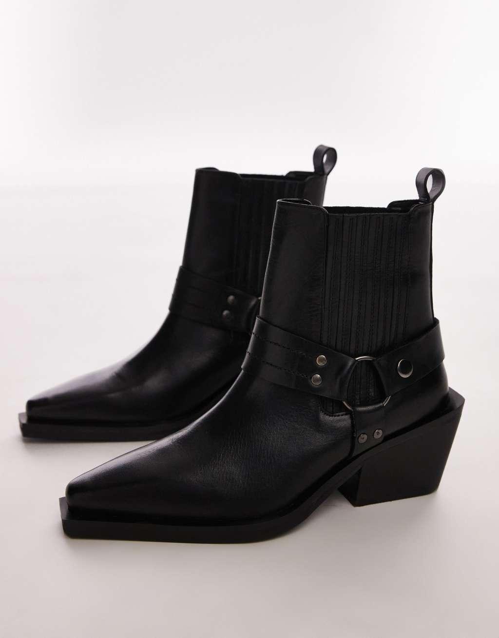 Topshop Wide Fit Maxy leather western boots with harness in black Product Image