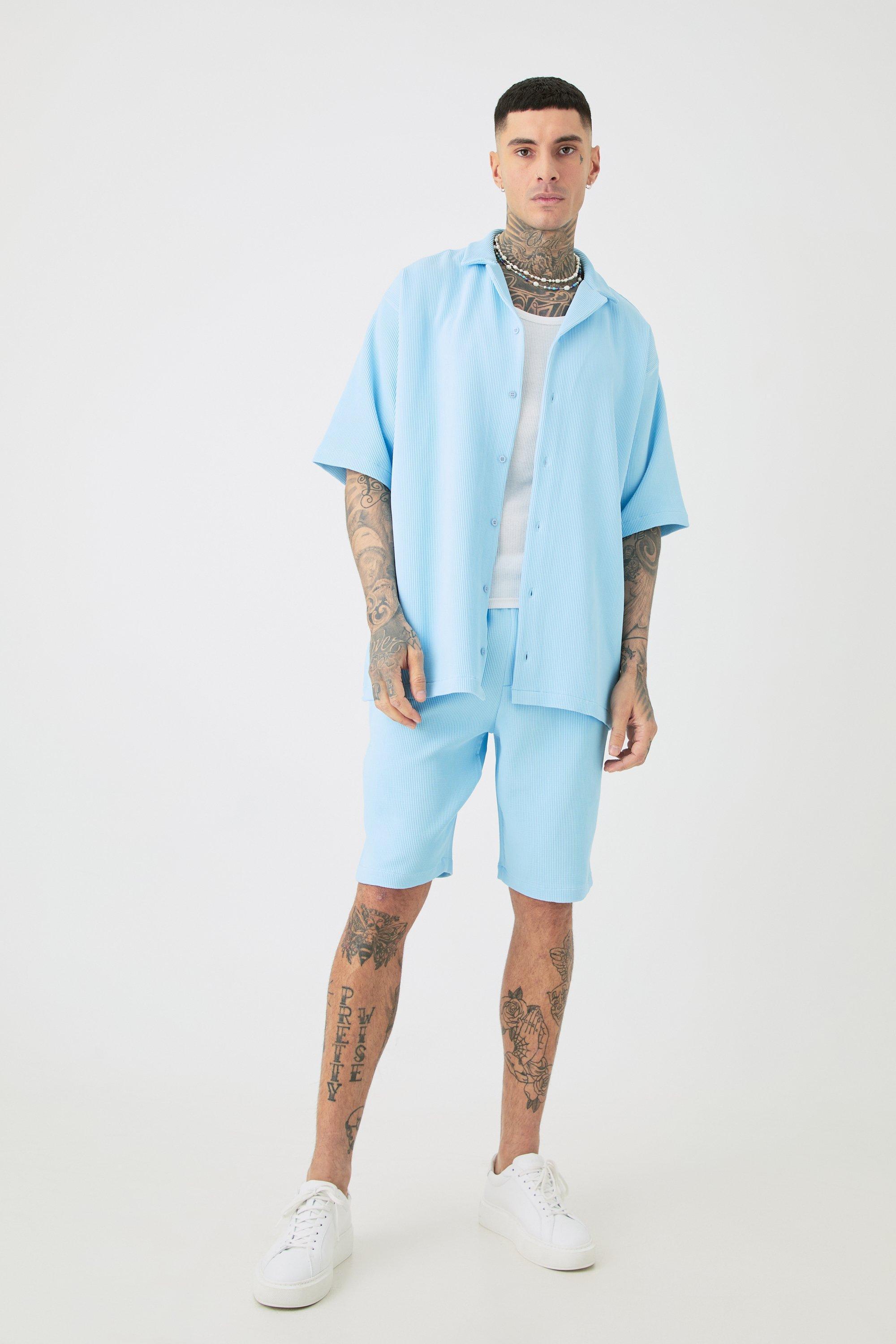 Tall Oversized Short Sleeve Pleated Shirt & Short Set In Blue | boohooMAN USA Product Image