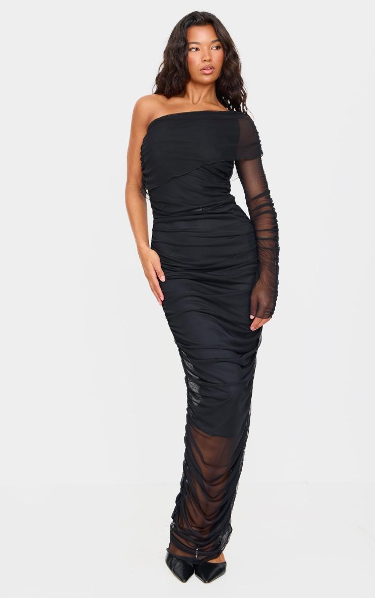 Black Mesh Bardot One Sleeve Maxi Dress Product Image