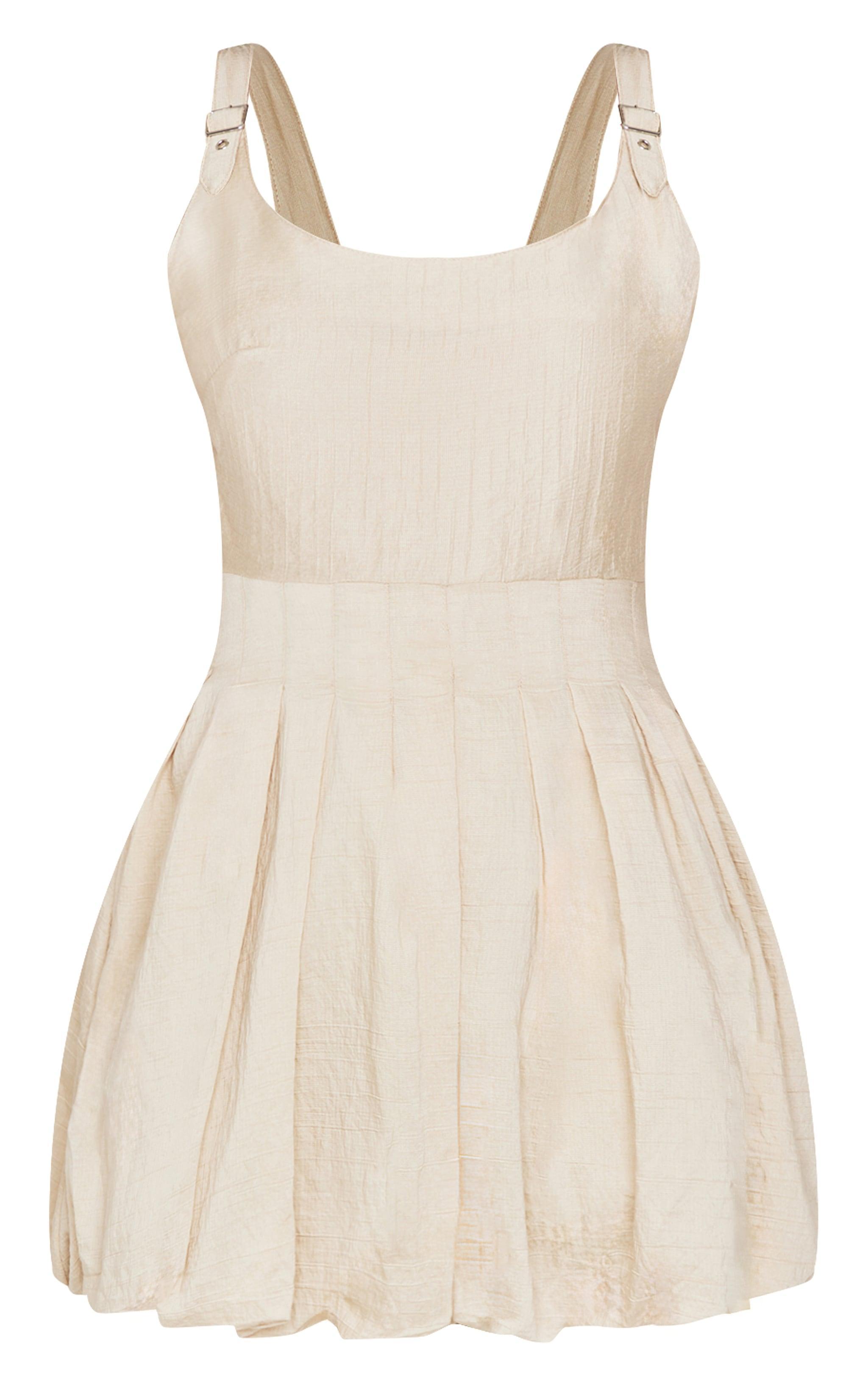 Cream Textured Buckle Strap Puffball Dress Product Image