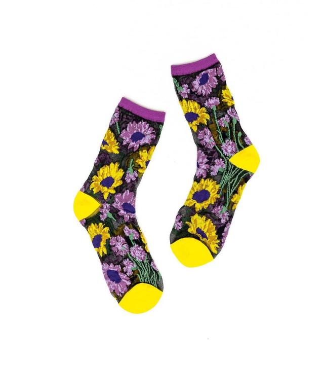 Sock Candy Womens Mixed Sunflowers Black Sheer Sock Product Image