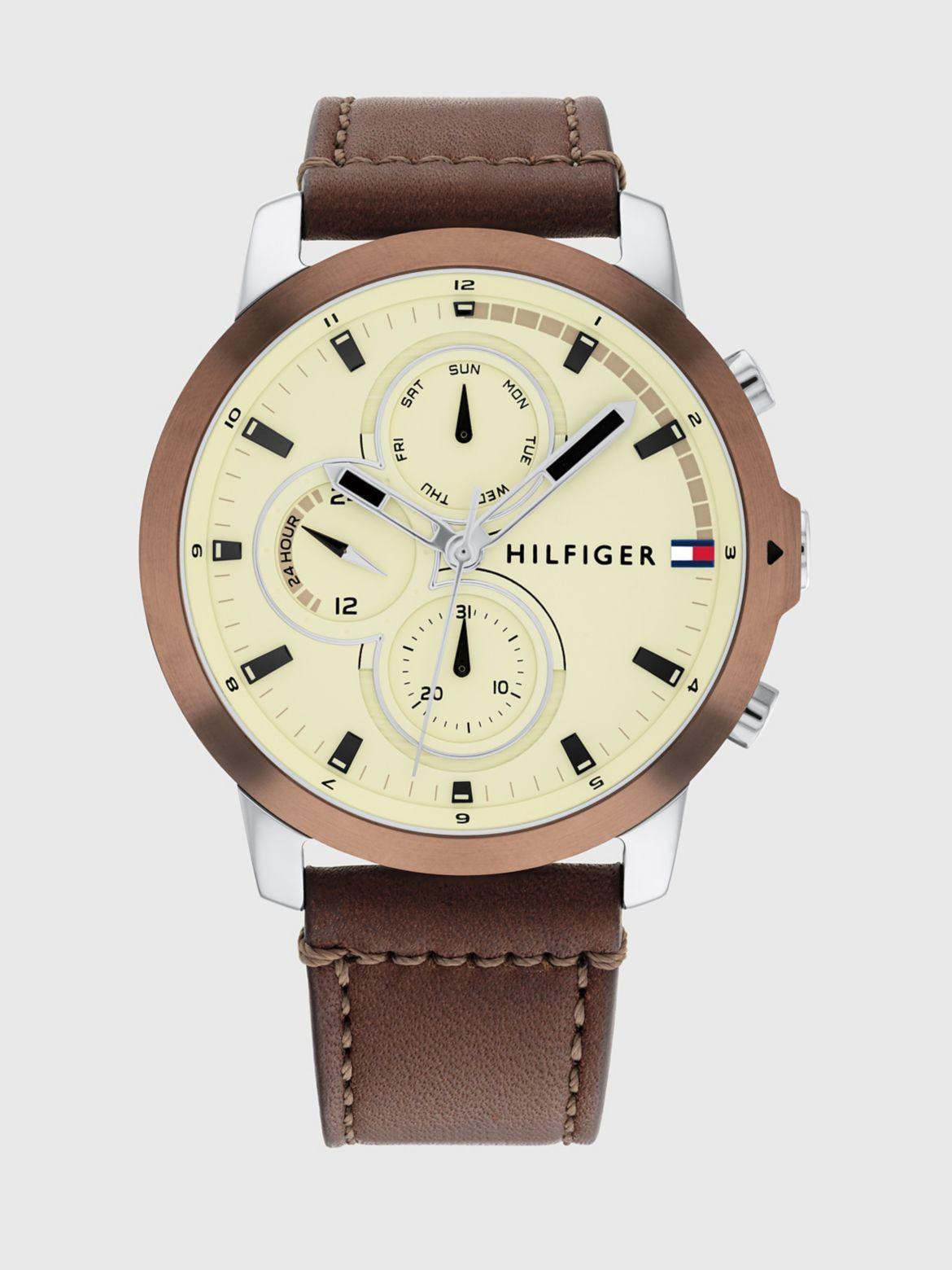 Tommy Hilfiger Mens Multifunction Brown Leather Strap Watch 46mm Product Image