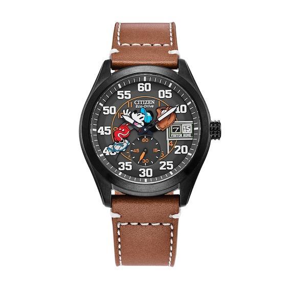 Citizen Mens Disney Collection Batters Up Mickey Two Hand Brown Leather Strap Watch Product Image