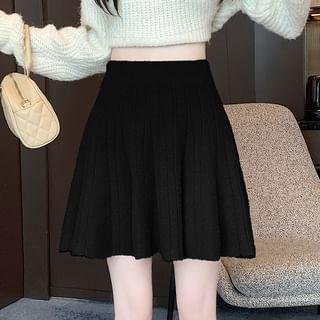 High Waist Plain Ribbed Knit Mini A-Line Skirt product image