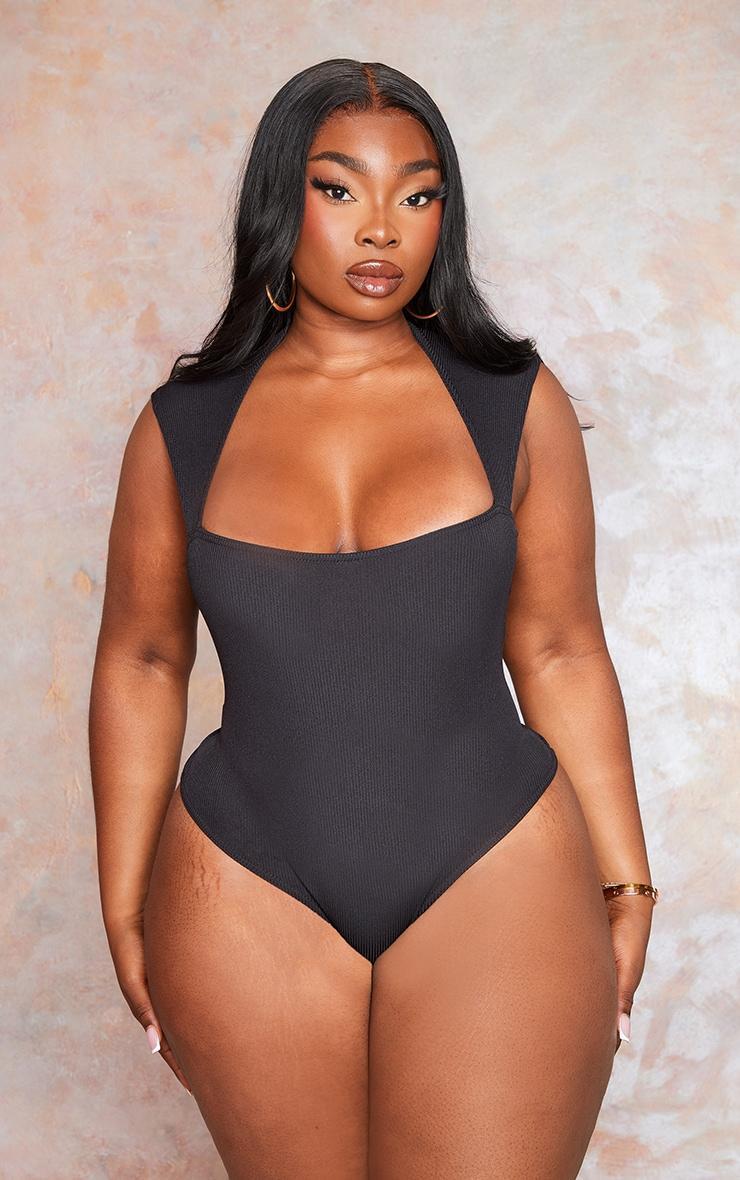 Plus Black Rib Cut Out Bodysuit Product Image