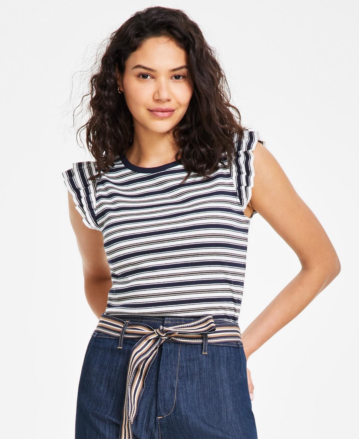 Women's Striped Ruffled-Sleeve Tee Product Image