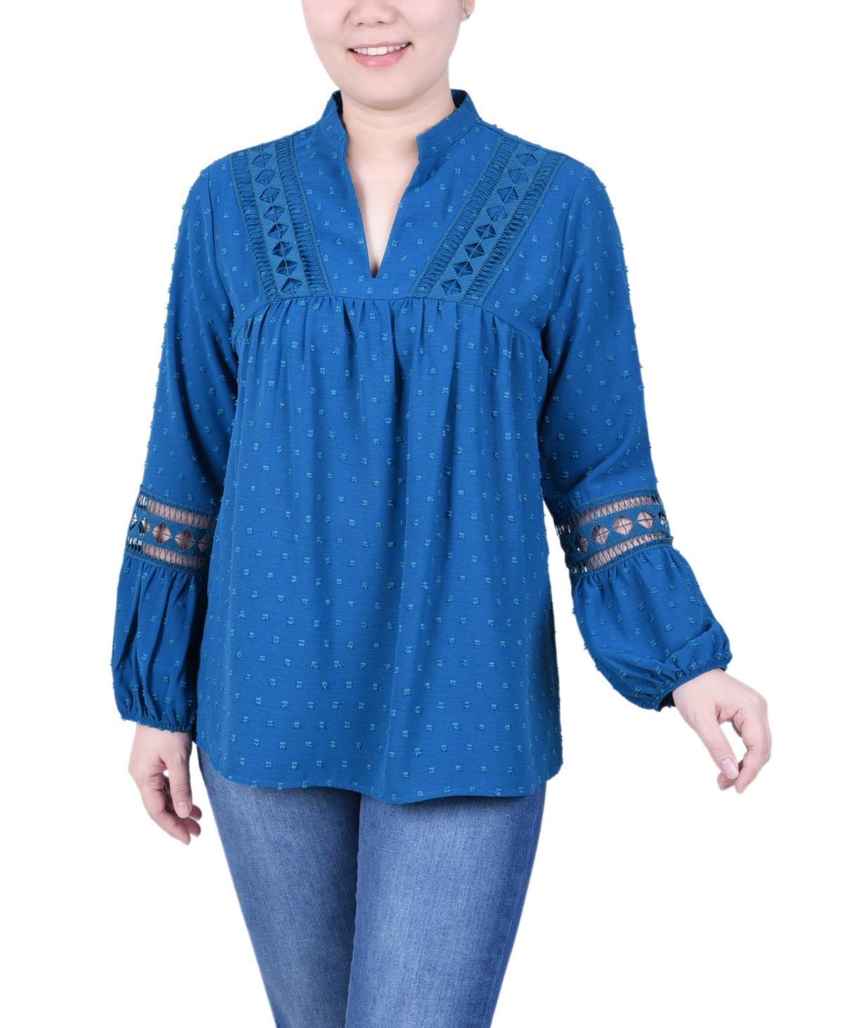 Ny Collection Petite Long Sleeve Blouse with Crochet Trim Product Image