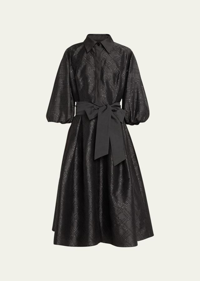 Womens Sequined Taffeta Puff-Sleeve Midi Shirtdress Product Image