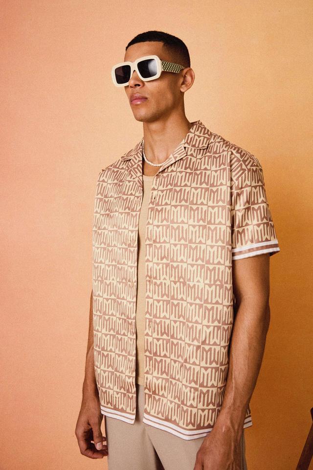 Oversized Short Sleeve Monogram Satin Shirt | boohooMAN USA Product Image