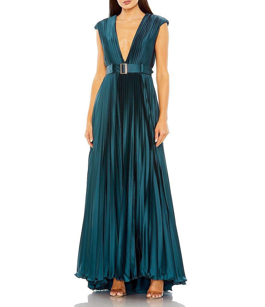 Mac Duggal Pleated Deep V-Neck Cap Sleeve Belted Gown Product Image