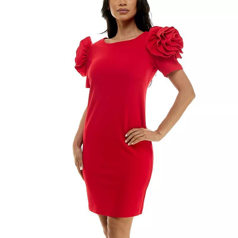 Womens Nina Leonard Shoulder Flower Ruffle Mini Sheath Dress Product Image