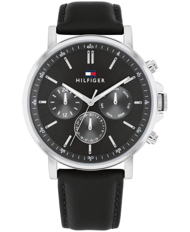 Tommy Hilfiger Mens Multifunction Black Leather Watch 43mm - Black Product Image