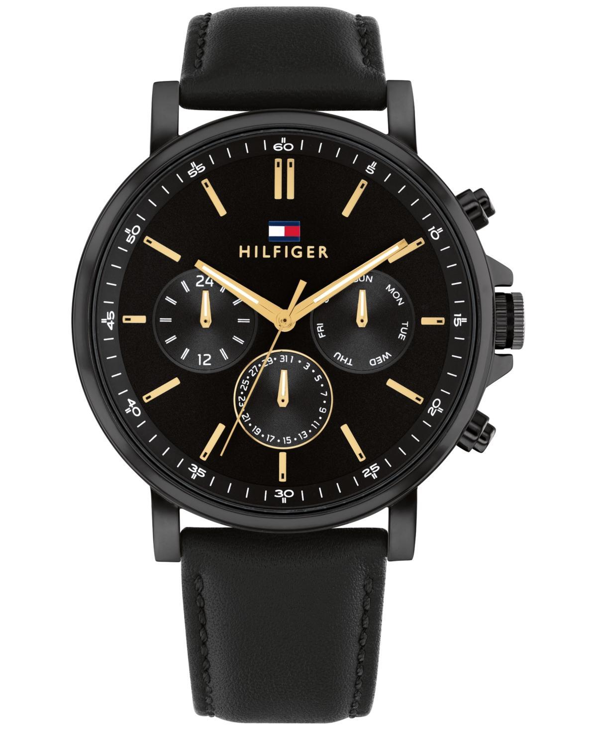 Tommy Hilfiger Mens Multifunction Black Leather Watch 44mm - Black Product Image