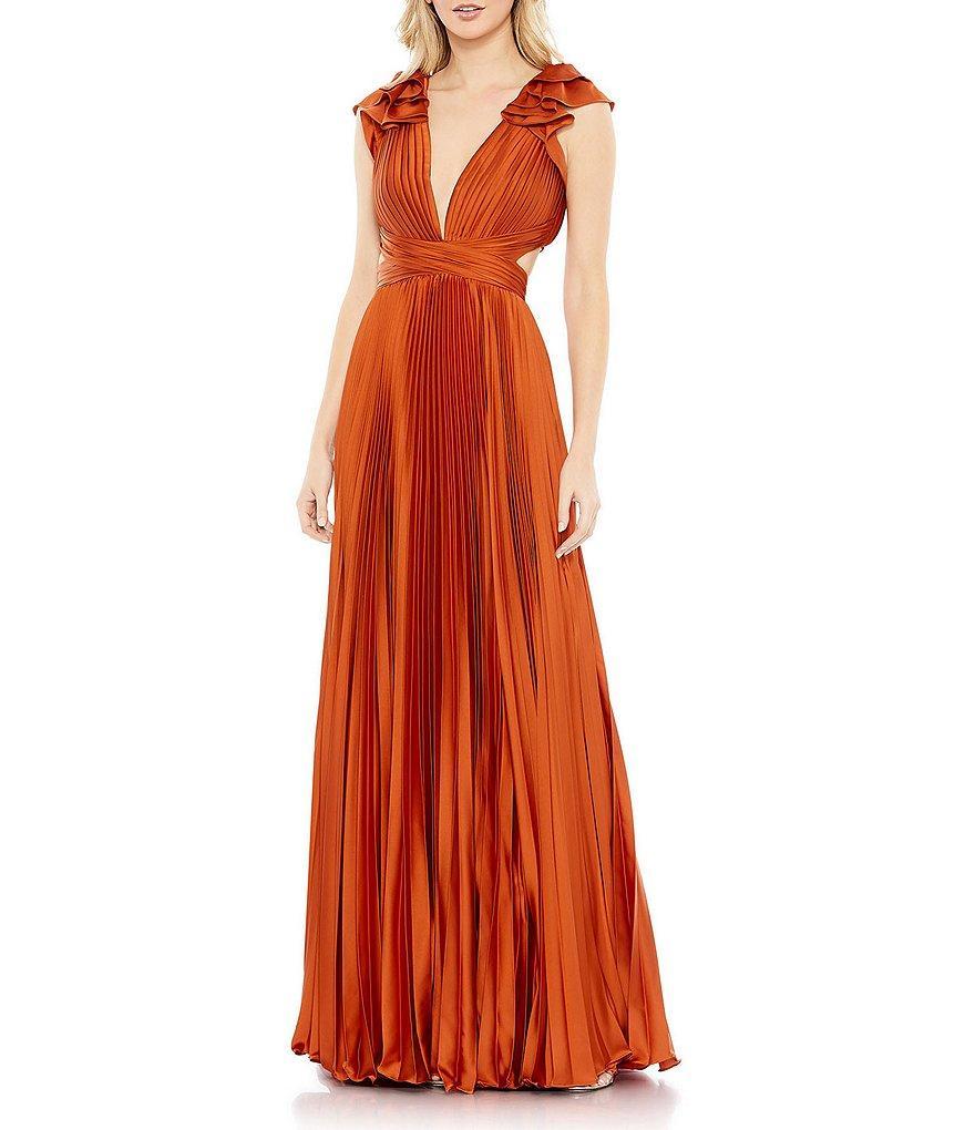 Mac Duggal Ruffled Cap Sleeve Cut Out Pleated Deep V-Neck Strappy Back Detail Satin A-Line Gown Product Image