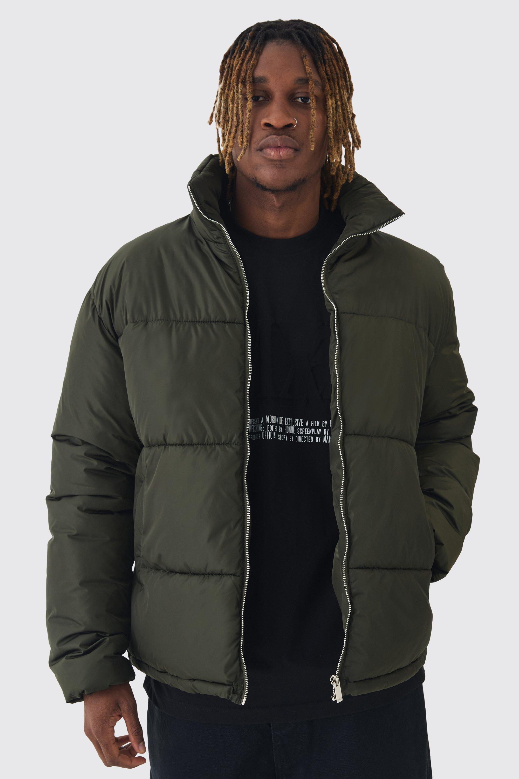 Tall Worldwide Applique Funnel Neck Puffer Jacket In Khaki | boohooMAN USA Product Image