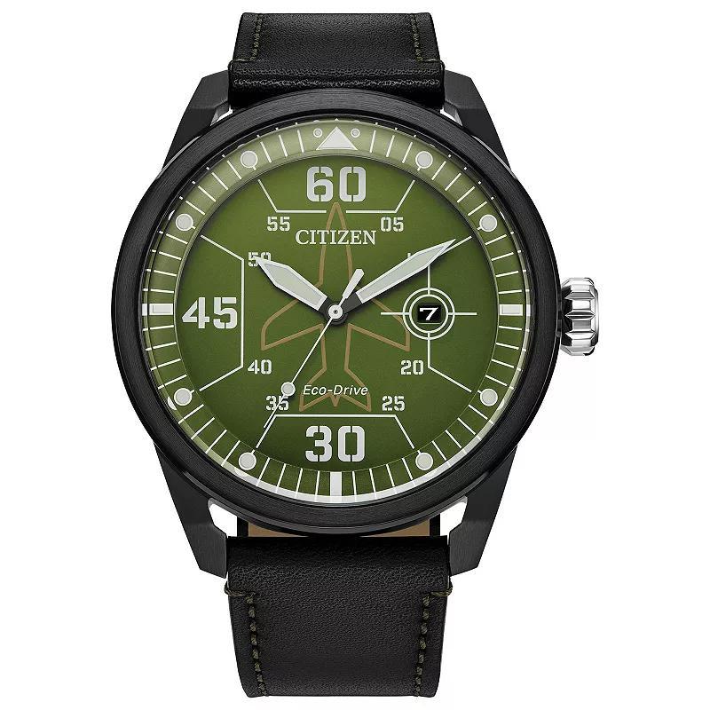 Citizen Mens Eco-Drive Weekender Avion Stainless Steel Leather Strap Watch Green Black Product Image