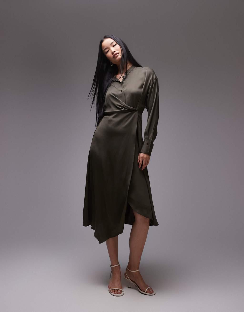 ARKET midi shirt dress with asymmetric drape detail in khaki green Product Image