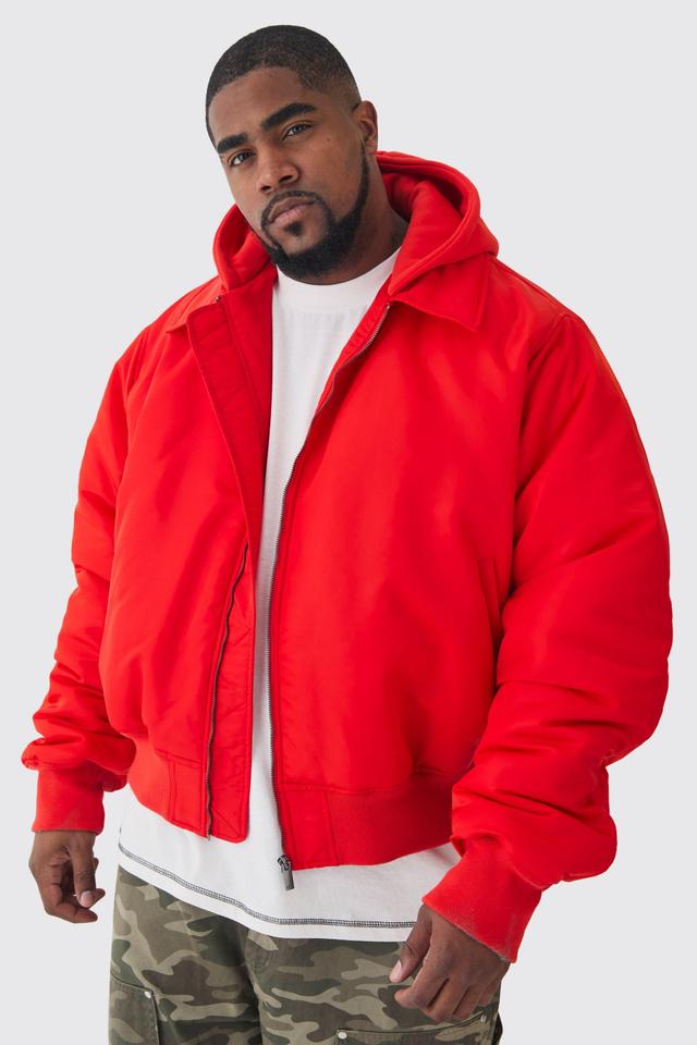 Plus Collared Boxy Bomber Jacket With Jersey Hood In Red | boohooMAN USA Product Image