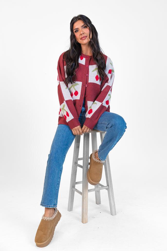 Cherry Much In Love Brick and White Multi Checkered Cardigan Product Image