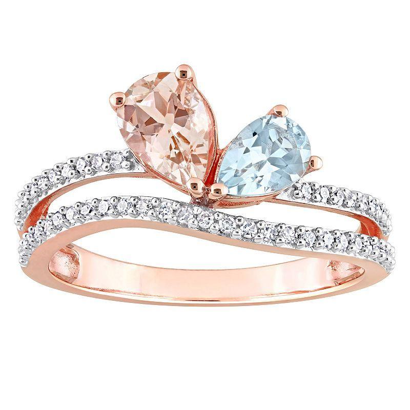 Stella Grace 10k Rose Gold Morganite, Aquamarine & 1/4 Carat T.W. Diamond 2-Stone Open Ring, Womens Multicolor Product Image