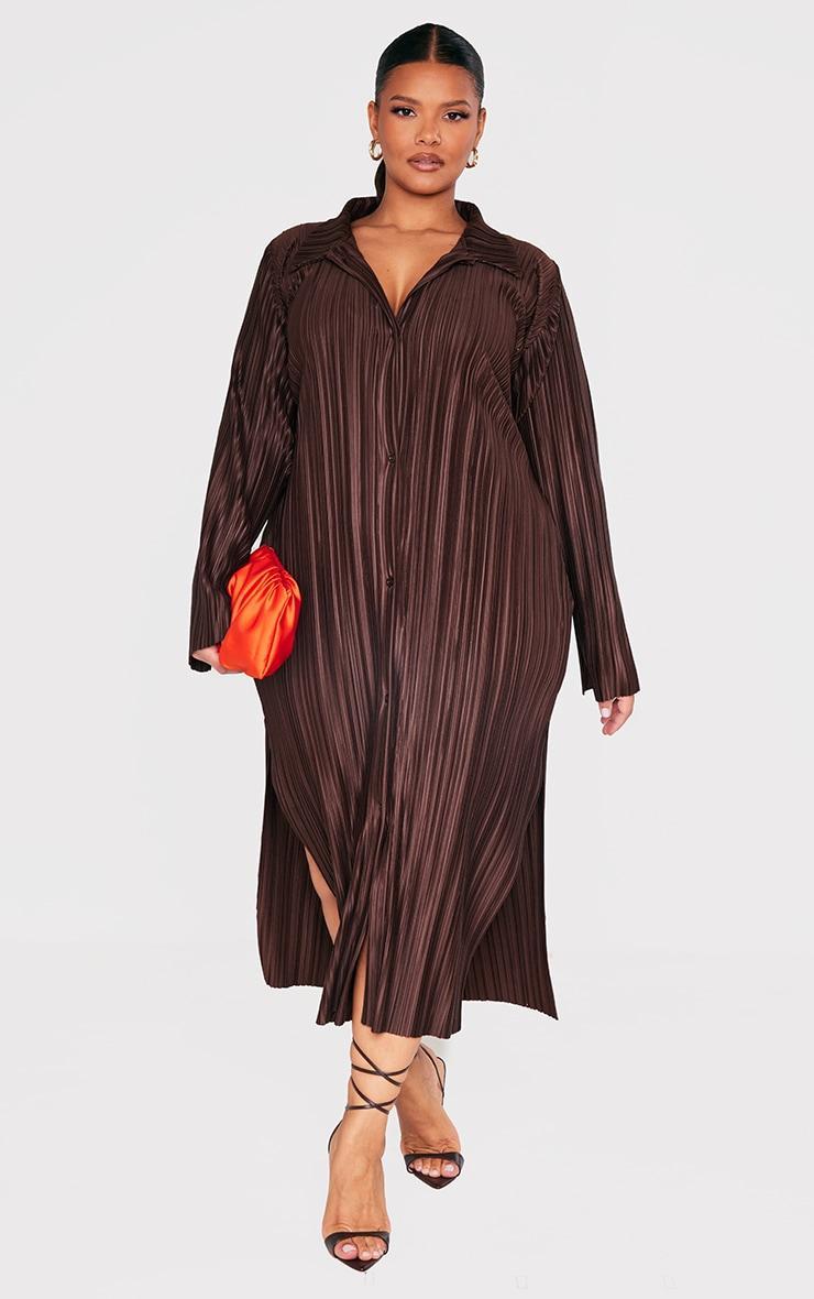 Plus Chocolate Plisse Oversized Midi Shirt Dress Product Image