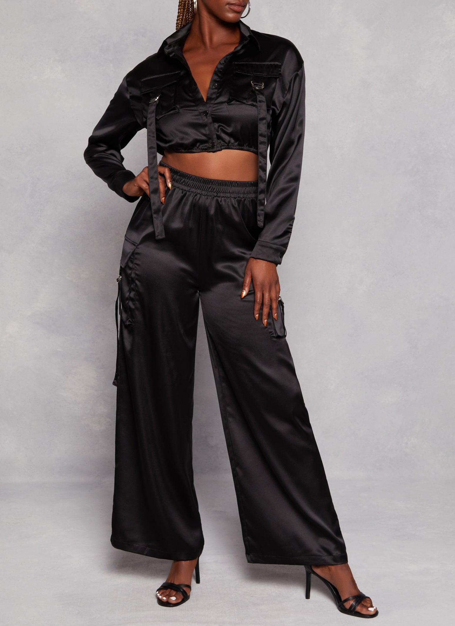 Womens Satin Wide Leg Cargo Pocket Pants Product Image