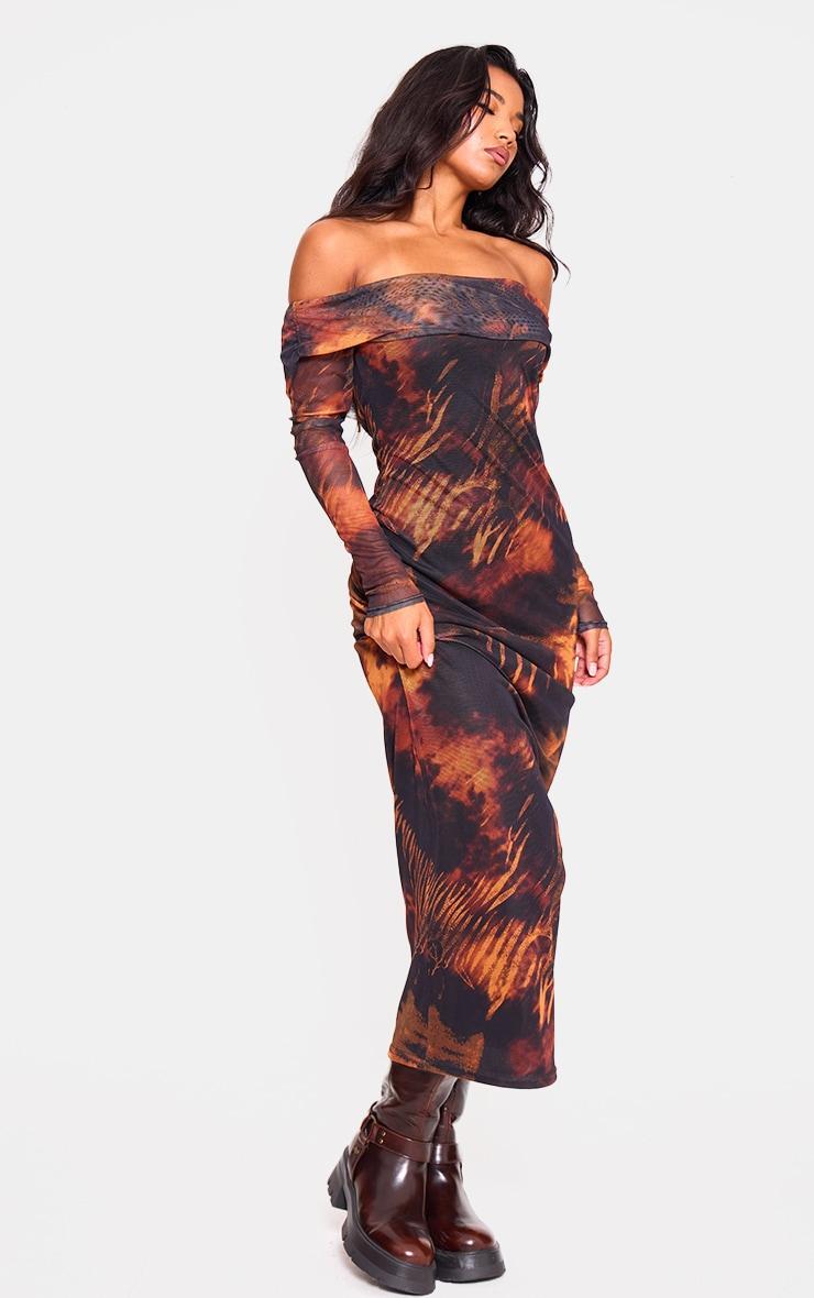 Rust Printed Mesh Bardot Long Sleeve Maxi Dress Product Image