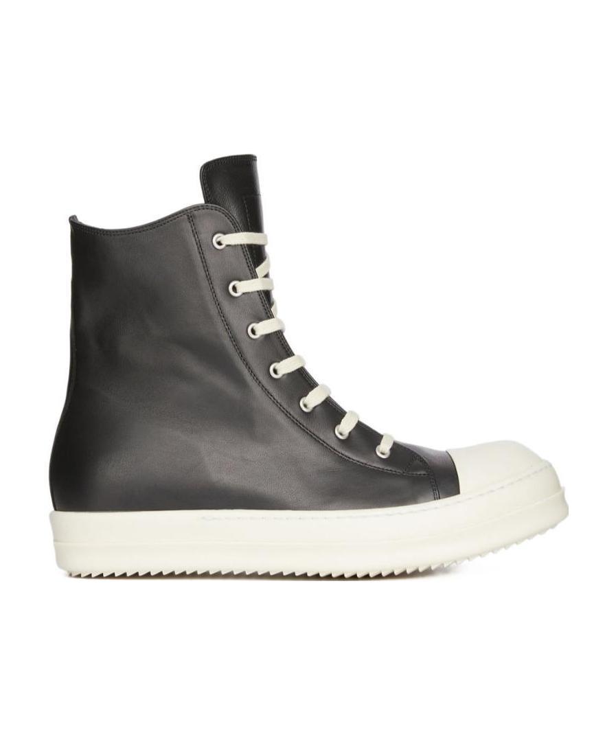 RICK OWENS Grained Leather High-top Trainers In 911 Black/milk/milk Product Image