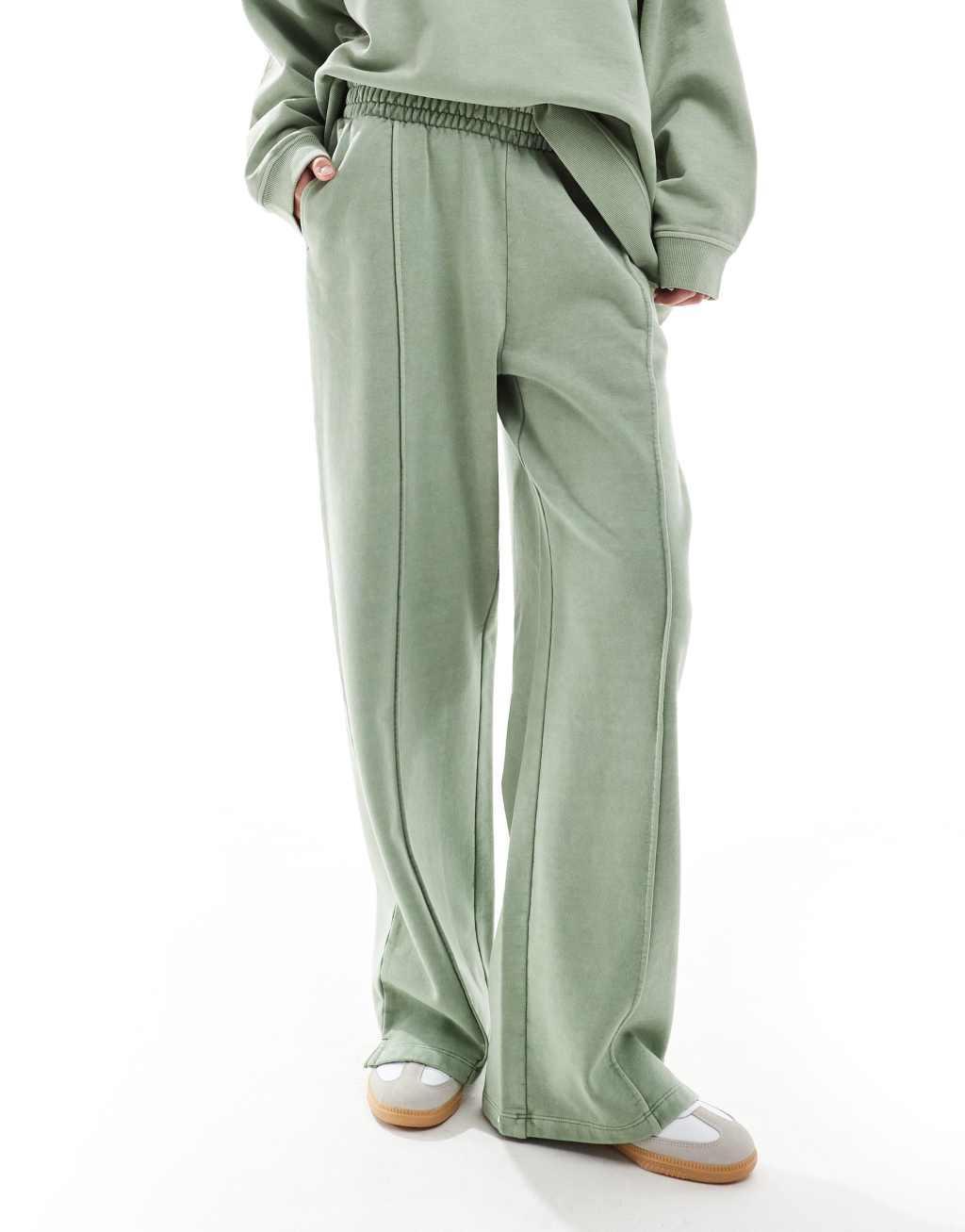 ASOS DESIGN Heavy weight straight leg sweatpants with pintuck in washed sage green Product Image