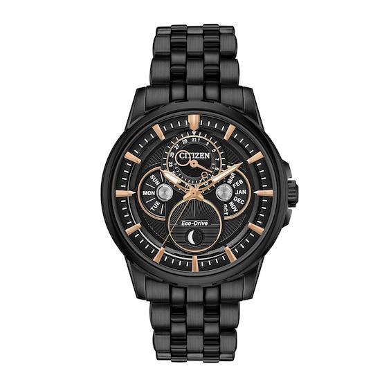 Men's Citizen Eco-DriveÂ® Calendrier Black IP Chronograph Watch with Black Dial (Model: Bu0057-54E) Product Image