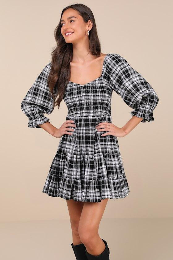 No One Cuter Black and Ivory Plaid Puff Sleeve Tiered Mini Dress product image