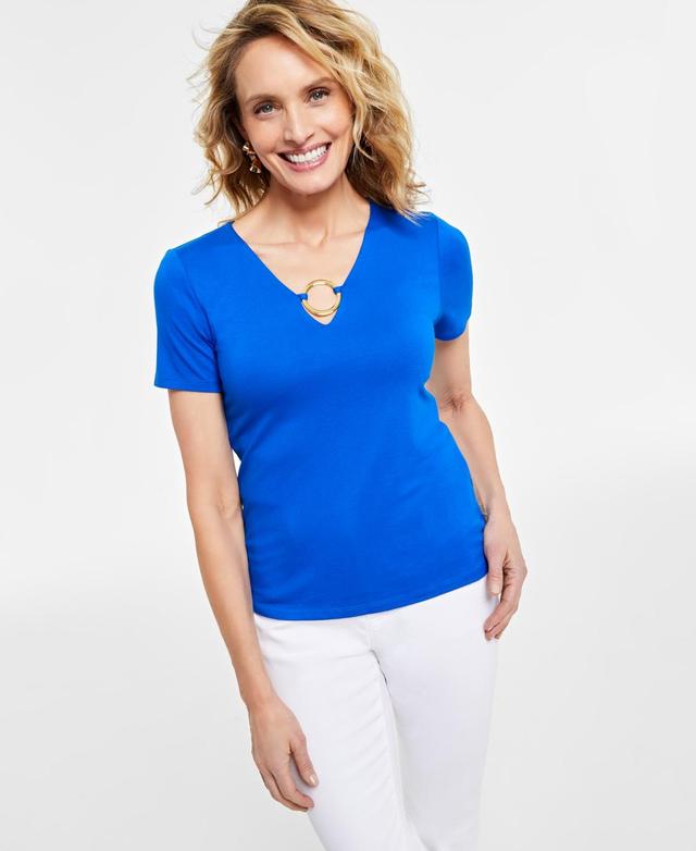 I.n.c. International Concepts Womens O-Ring Short-Sleeve Keyhole Top, Created for Macys Product Image