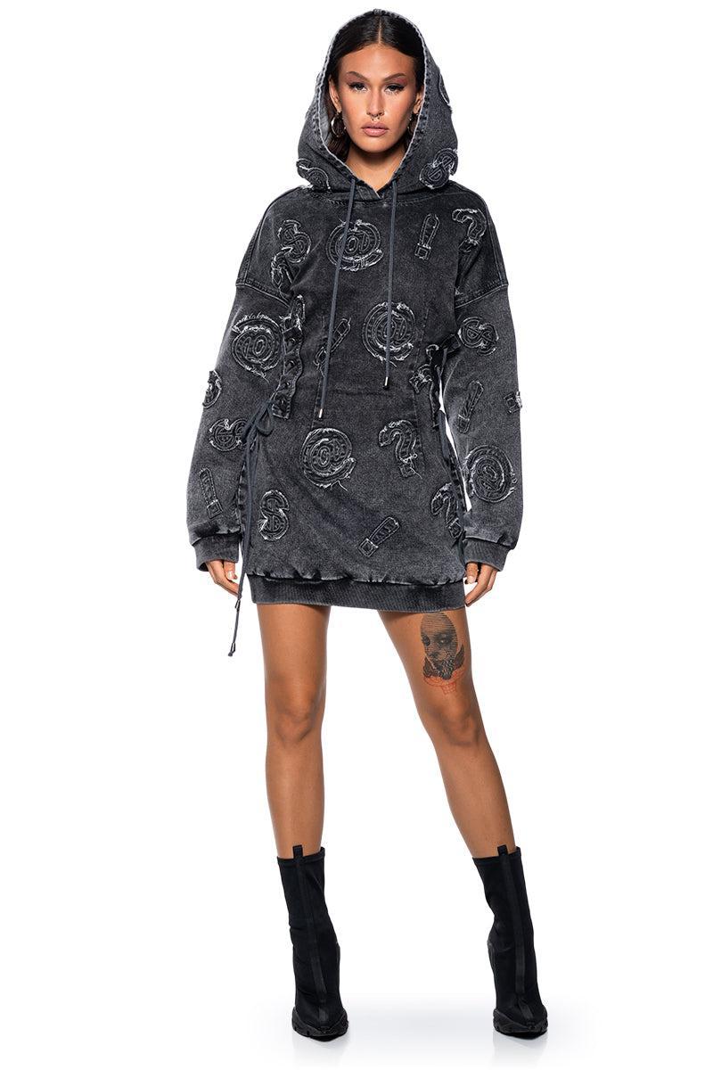 SO MANY QUESTIONS FRAYED DENIM HOODIE MINI DRESS Product Image