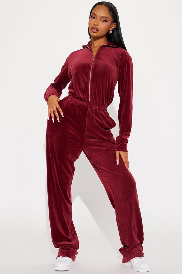 OG Friend Soft Velour Jumpsuit - Burgundy Product Image