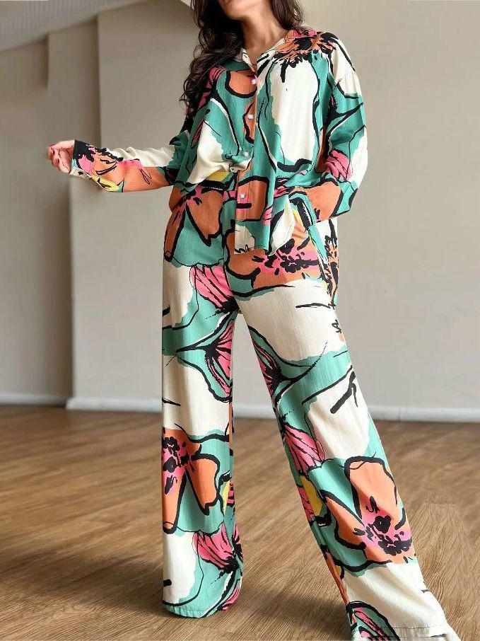 Flower Print Buttoned Lapel Blouses Top + High Waisted Wide Leg Pants Bottom Two Pieces Set Product Image