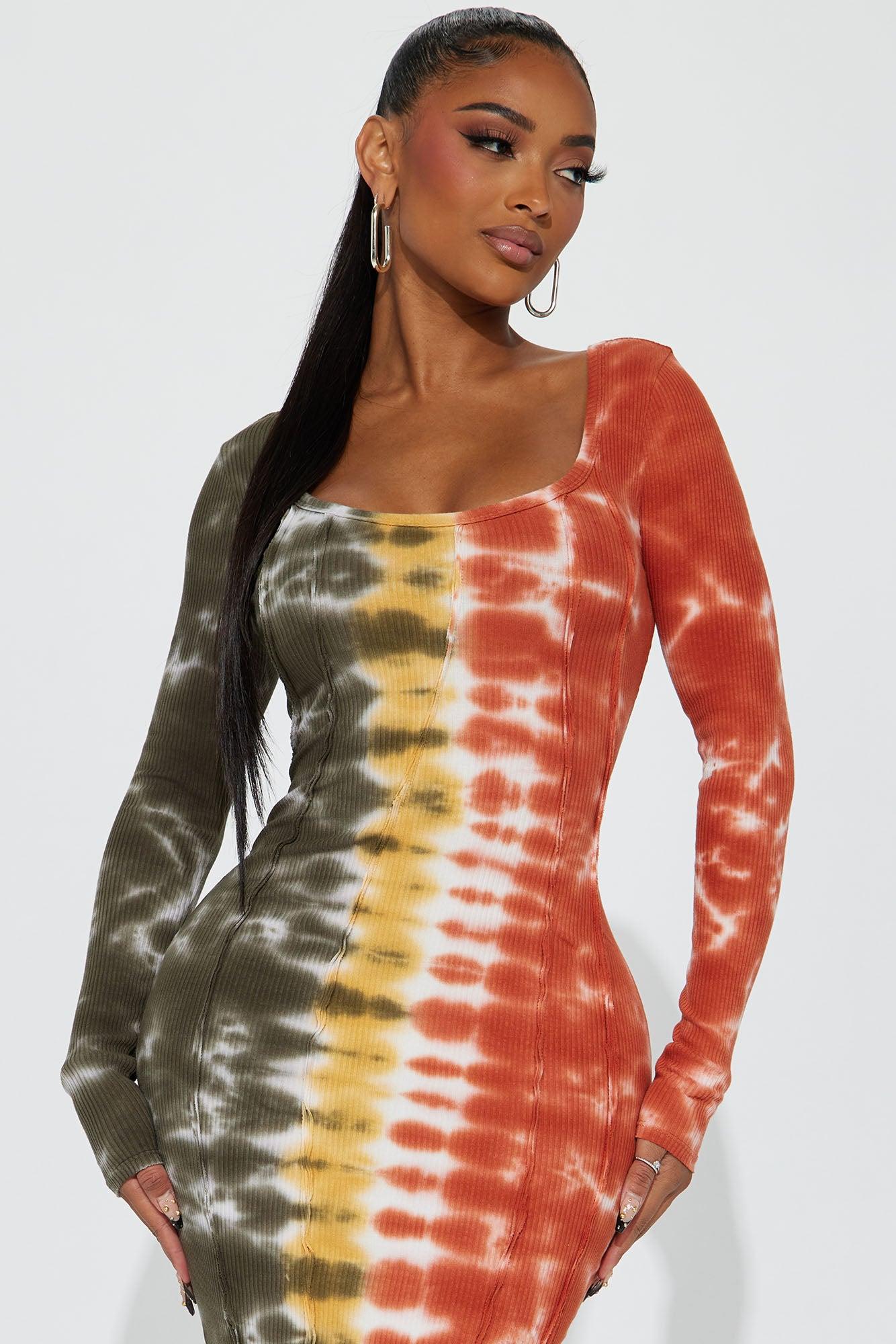 Eden Tie-Dye Ribbed Midi Dress - Rust/combo Product Image