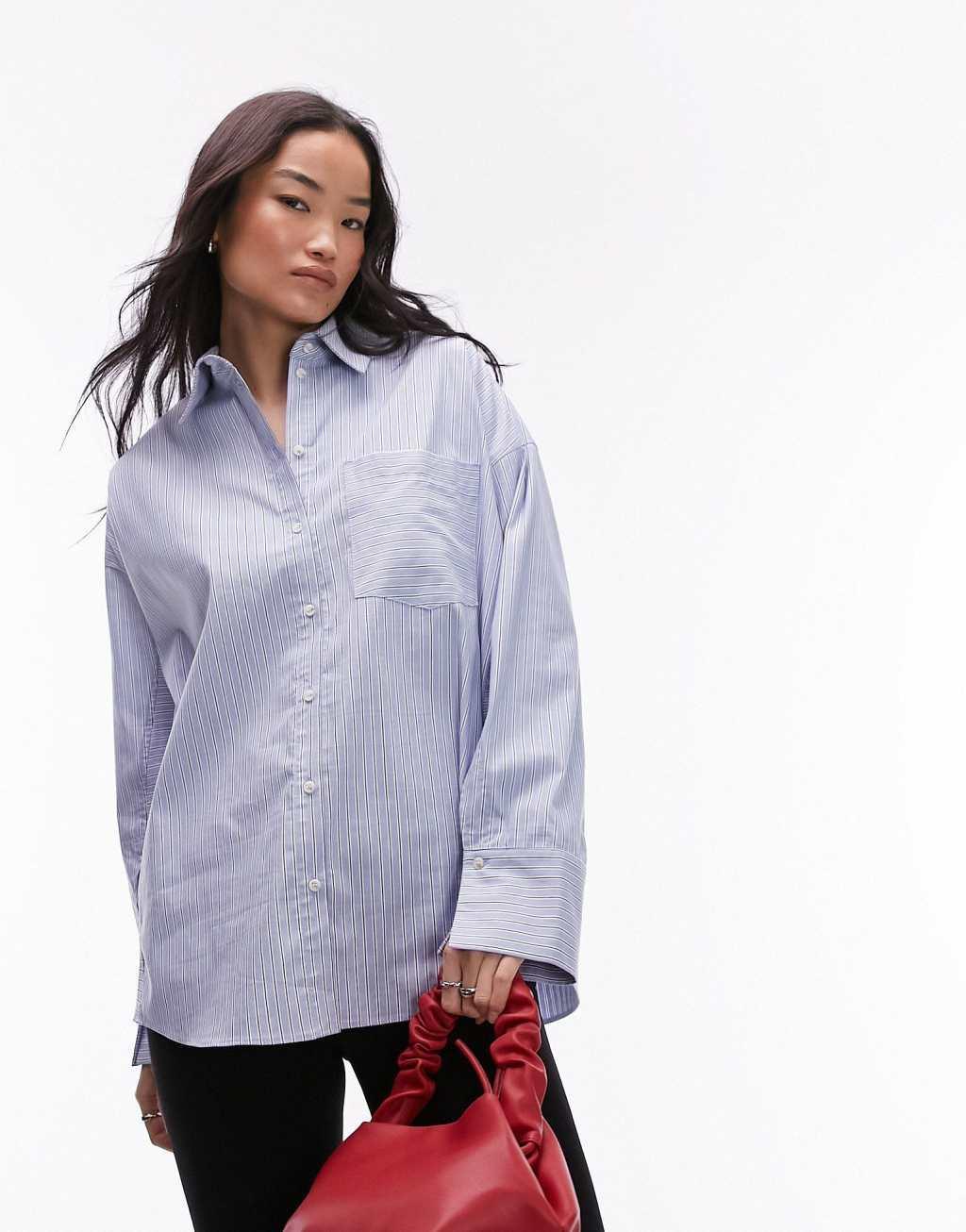 Topshop Oxford oversized shirt in blue stripe  Product Image