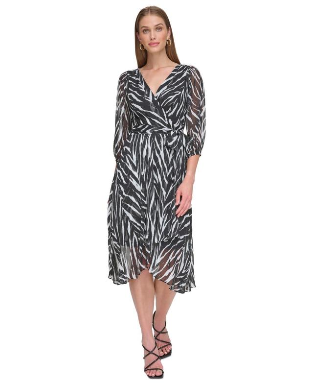 Dkny Womens Printed 3/4-Sleeve Wrap Dress - Black Product Image