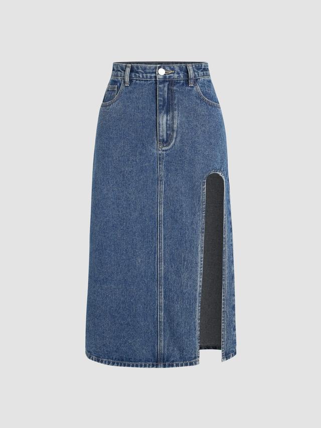 Denim Solid Split Midi Skirt Product Image