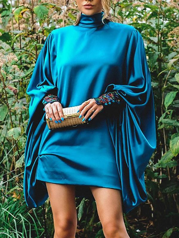 Going Out Loose Batwing Sleeves Buttoned Solid Color Mini Dresses Product Image