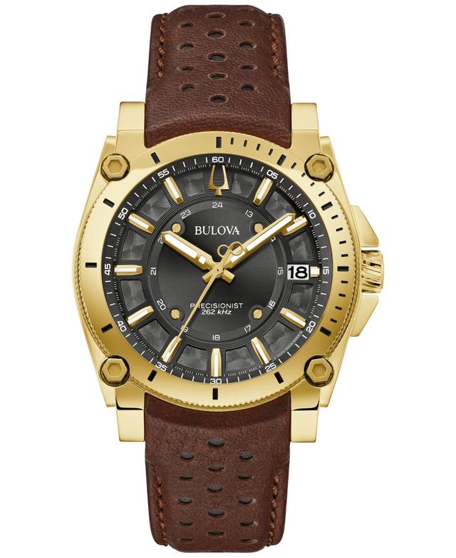 Men's Bulova Icon Gold-Tone Brown Racing Strap Watch with Black Dial (Model: 97B216) Product Image