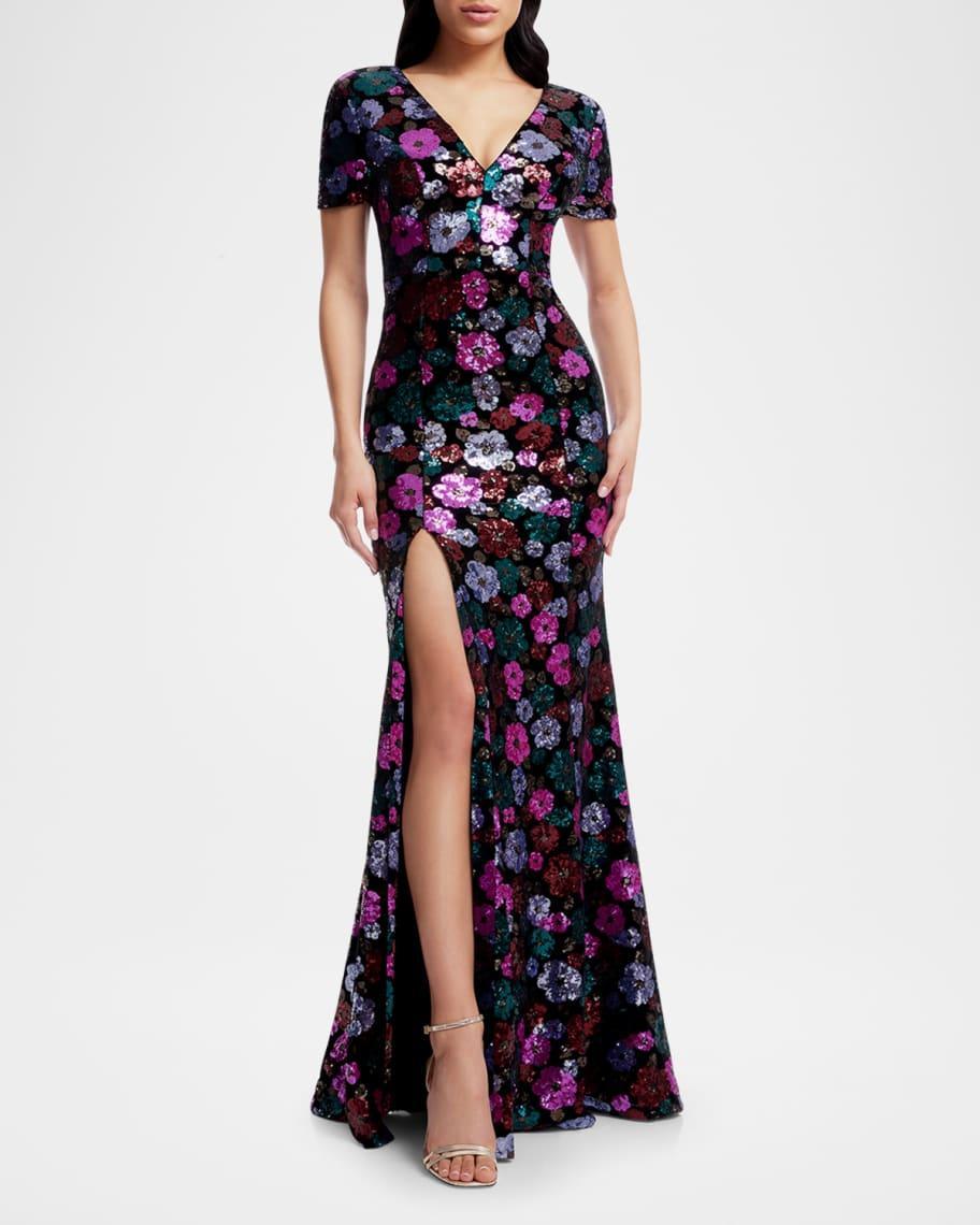 Karla Floral Sequined Short-Sleeve Gown  Product Image